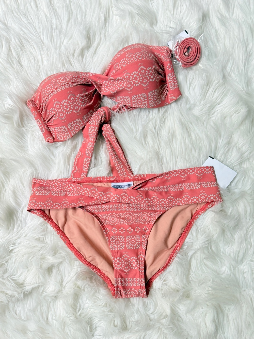 Robin Piccone Isla Bandeau Bikini Set Terracotta Coral Print L NWT Swimsuit